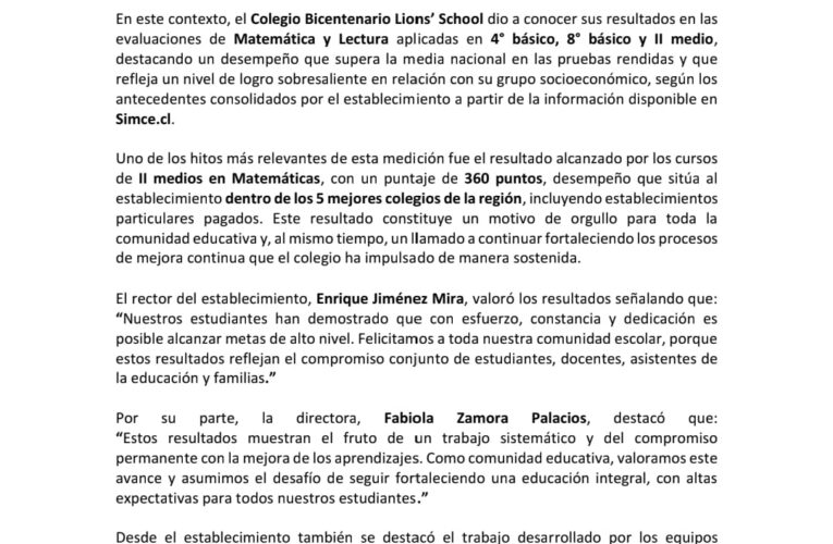 Colegio Lions’School consolida altos resultados en Simce 2025